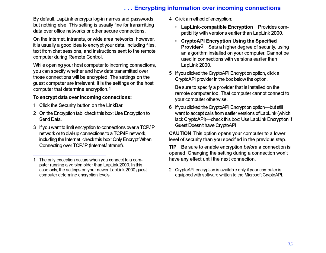 LapLink MN-LGD011-XX-US manual Encrypting information over incoming connections, To encrypt data over incoming connections 