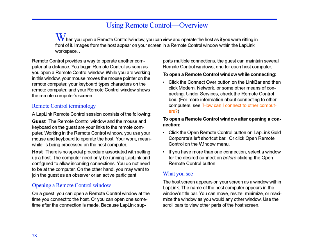 LapLink MN-LGD011-XX-US manual Using Remote Control-Overview, Remote Control terminology, Opening a Remote Control window 