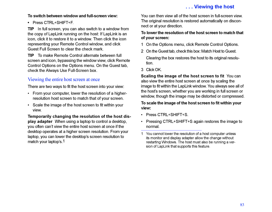 LapLink MN-LGD011-XX-US manual Viewing the entire host screen at once, Viewing the host 