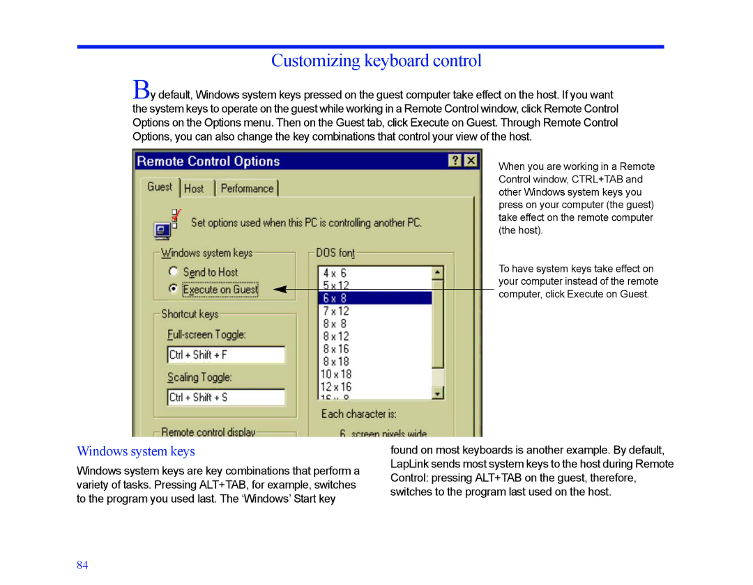 LapLink MN-LGD011-XX-US manual Customizing keyboard control, Windows system keys 