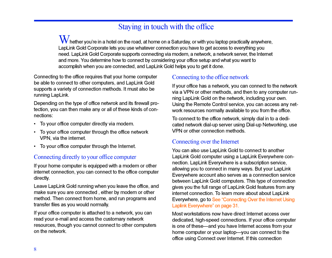 LapLink MN-LGD011-XX-US manual Staying in touch with the office, Connecting directly to your office computer 