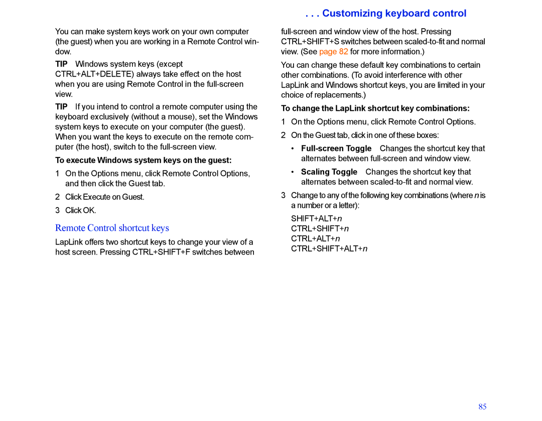 LapLink MN-LGD011-XX-US manual Remote Control shortcut keys, Customizing keyboard control 