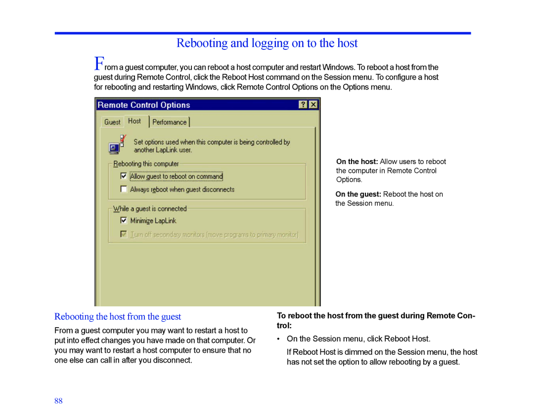 LapLink MN-LGD011-XX-US manual Rebooting and logging on to the host, Rebooting the host from the guest 