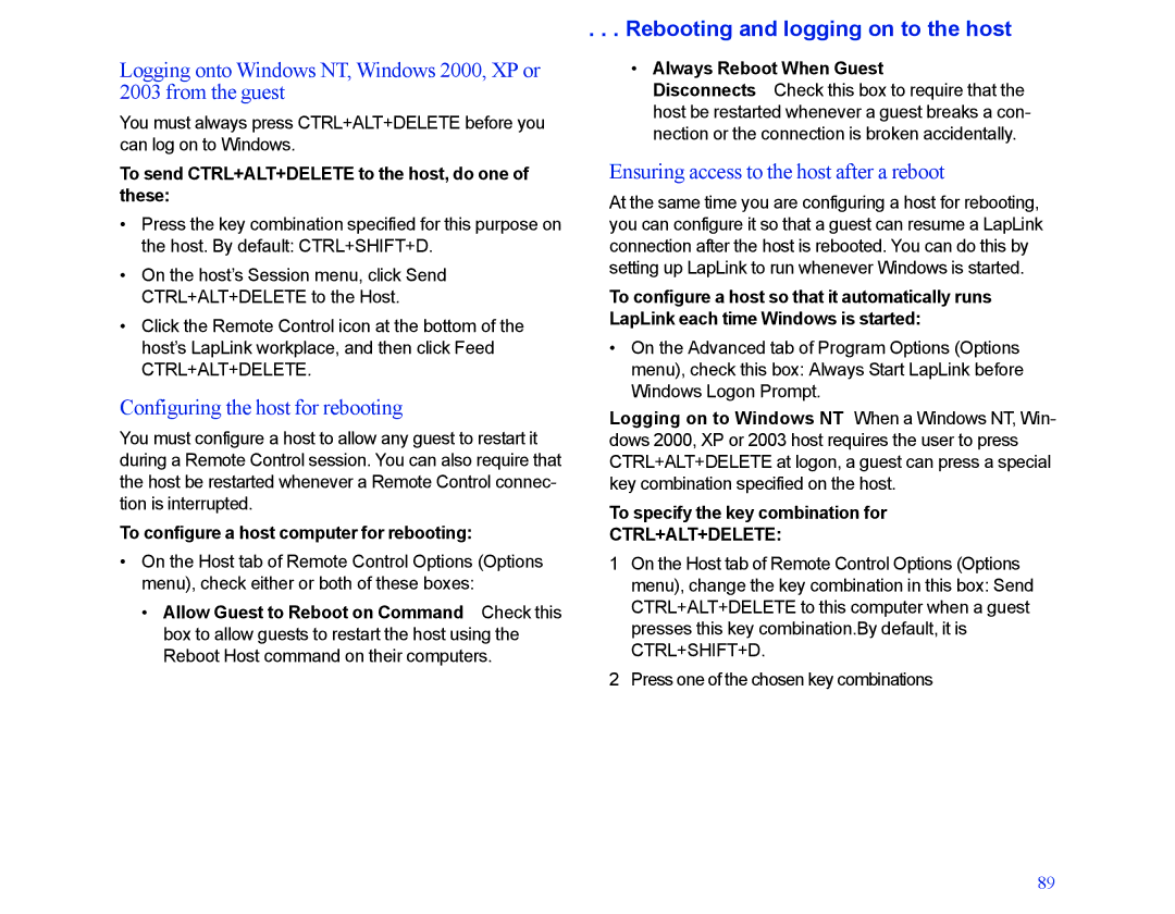 LapLink MN-LGD011-XX-US manual Configuring the host for rebooting, Rebooting and logging on to the host 