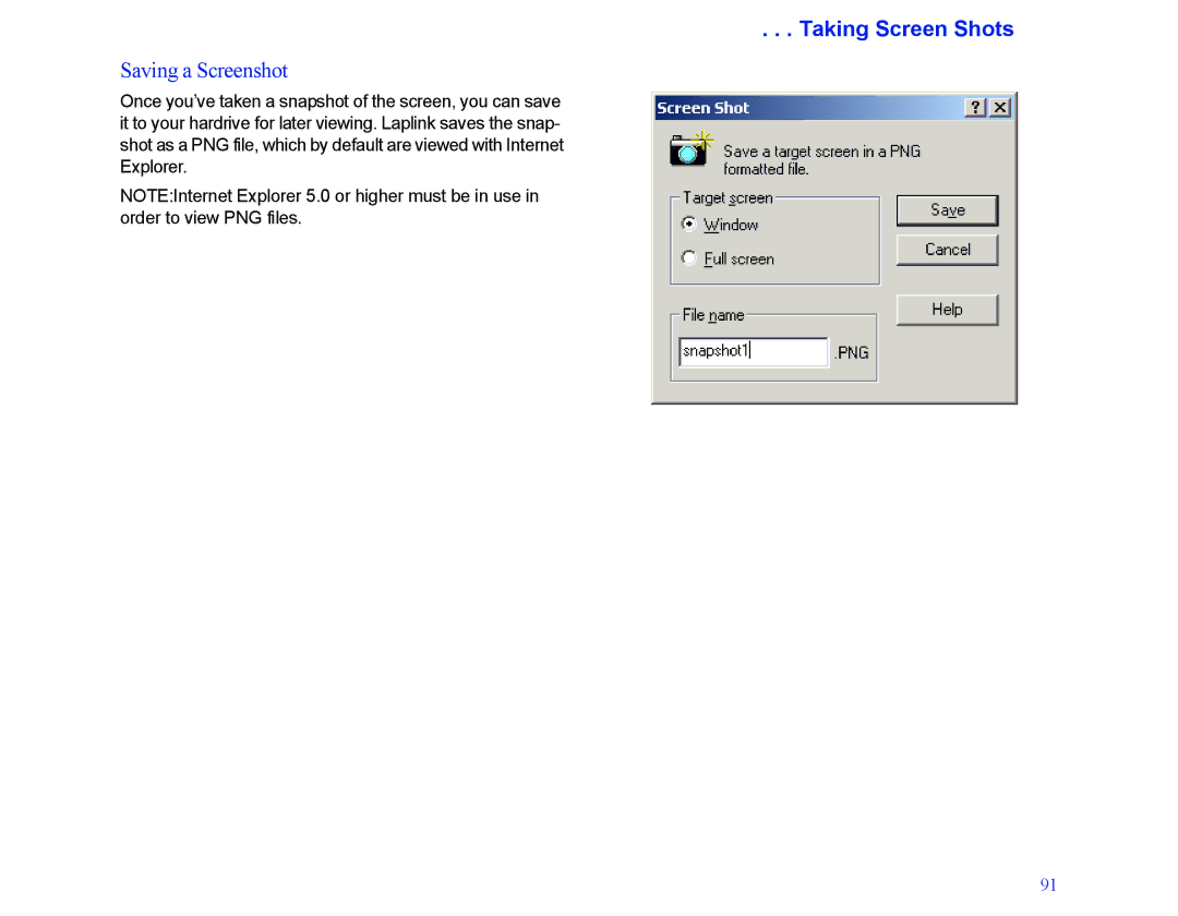 LapLink MN-LGD011-XX-US manual Taking Screen Shots, Saving a Screenshot 