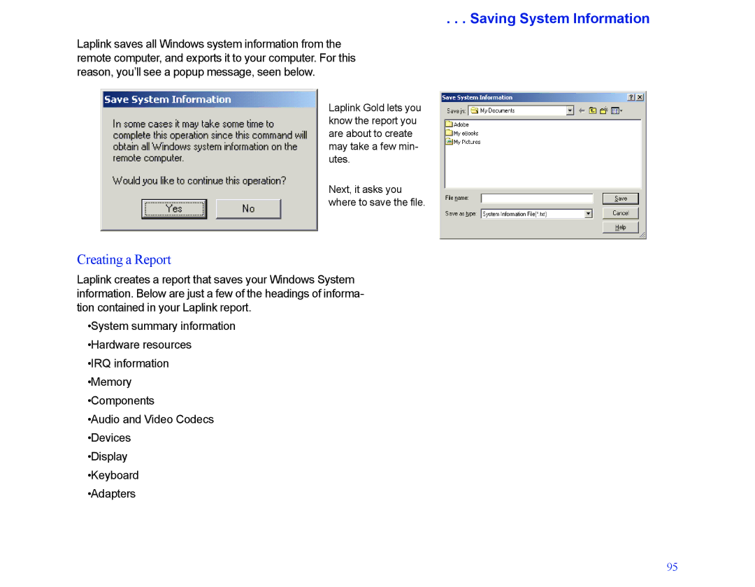 LapLink MN-LGD011-XX-US manual Saving System Information, Creating a Report 