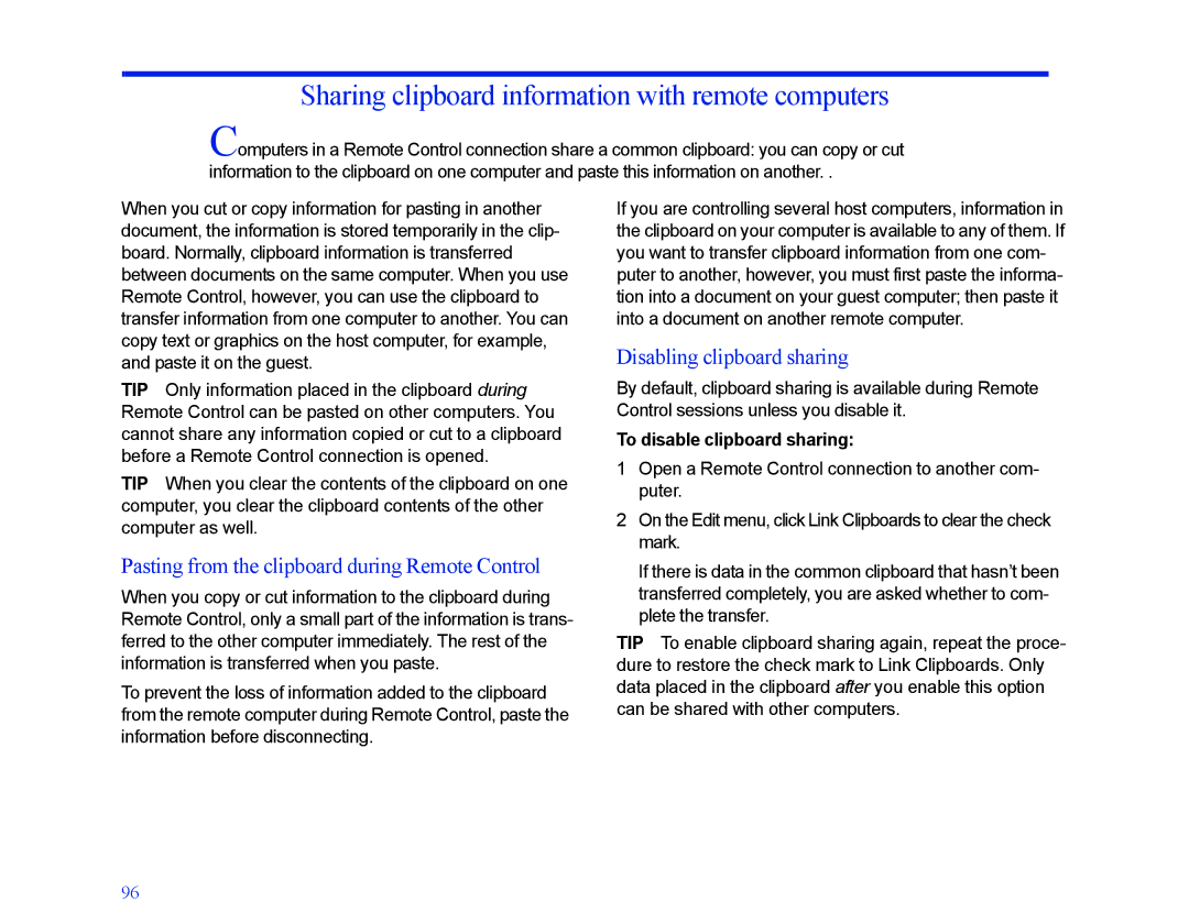 LapLink MN-LGD011-XX-US manual Sharing clipboard information with remote computers, Disabling clipboard sharing 