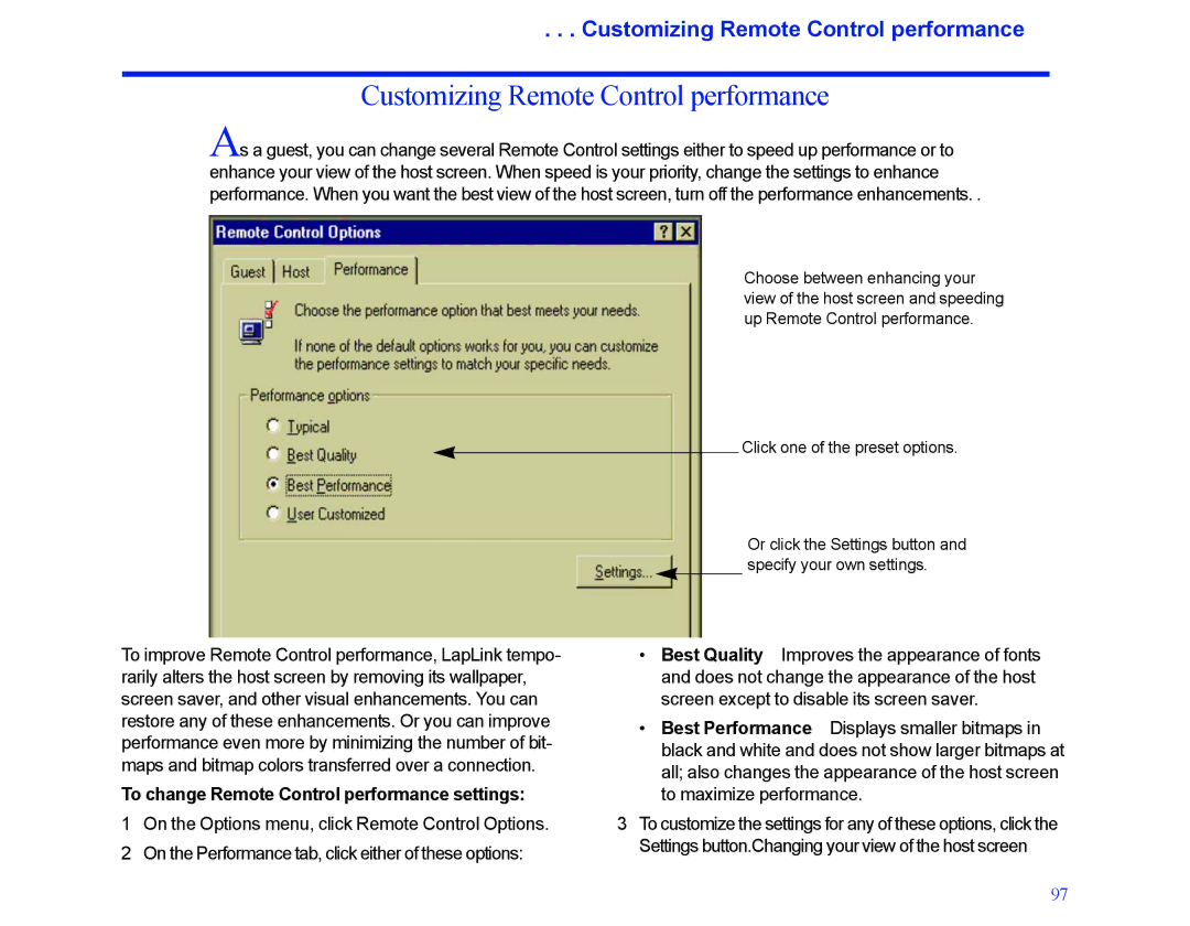 LapLink MN-LGD011-XX-US manual Customizing Remote Control performance, To change Remote Control performance settings 