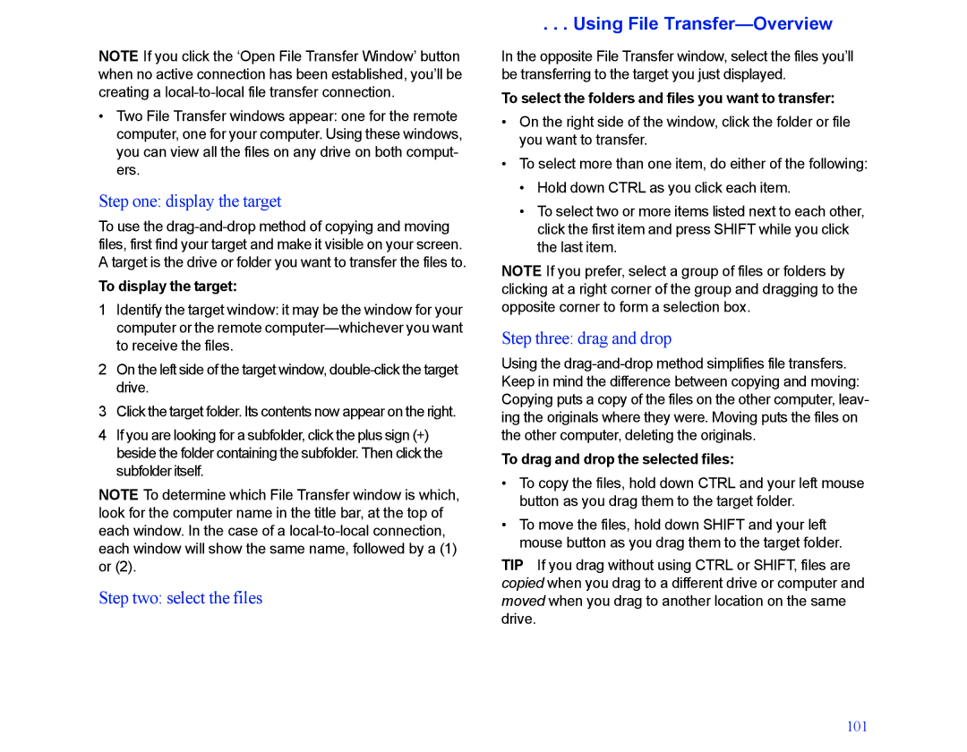 LapLink MN-LGD011-XX-US manual Step one display the target, Step two select the files, Using File Transfer-Overview 