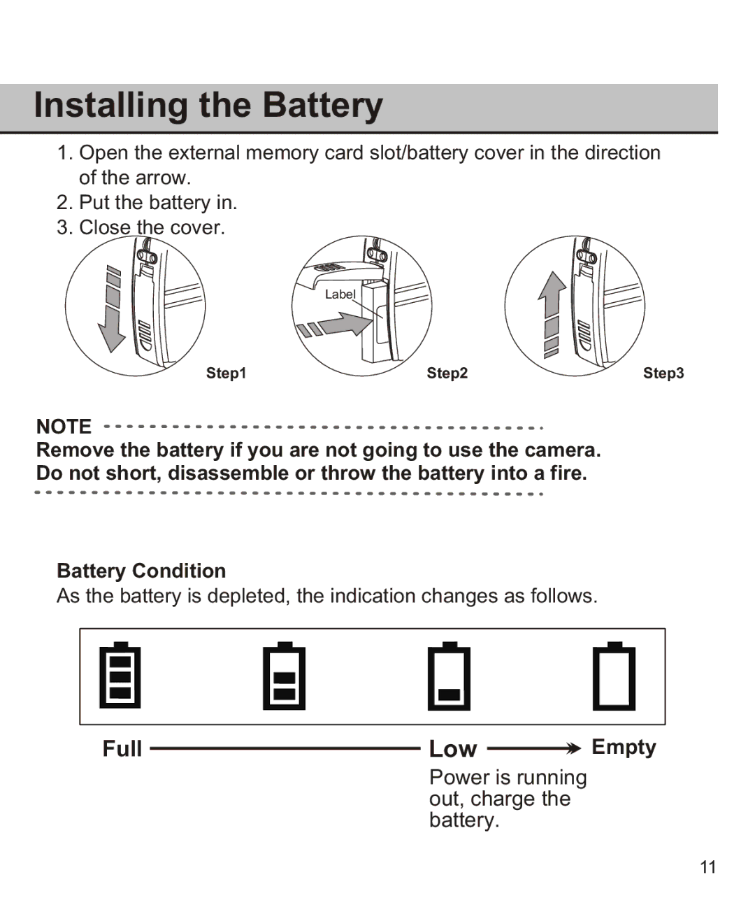 Largan EASY 200 manual Installing the Battery, Low, Battery Condition, Empty 