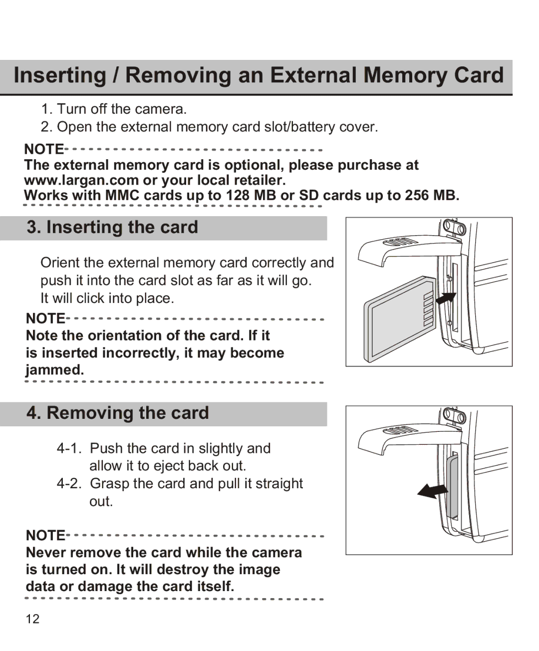 Largan EASY 200 manual Inserting / Removing an External Memory Card, Inserting the card, Removing the card 