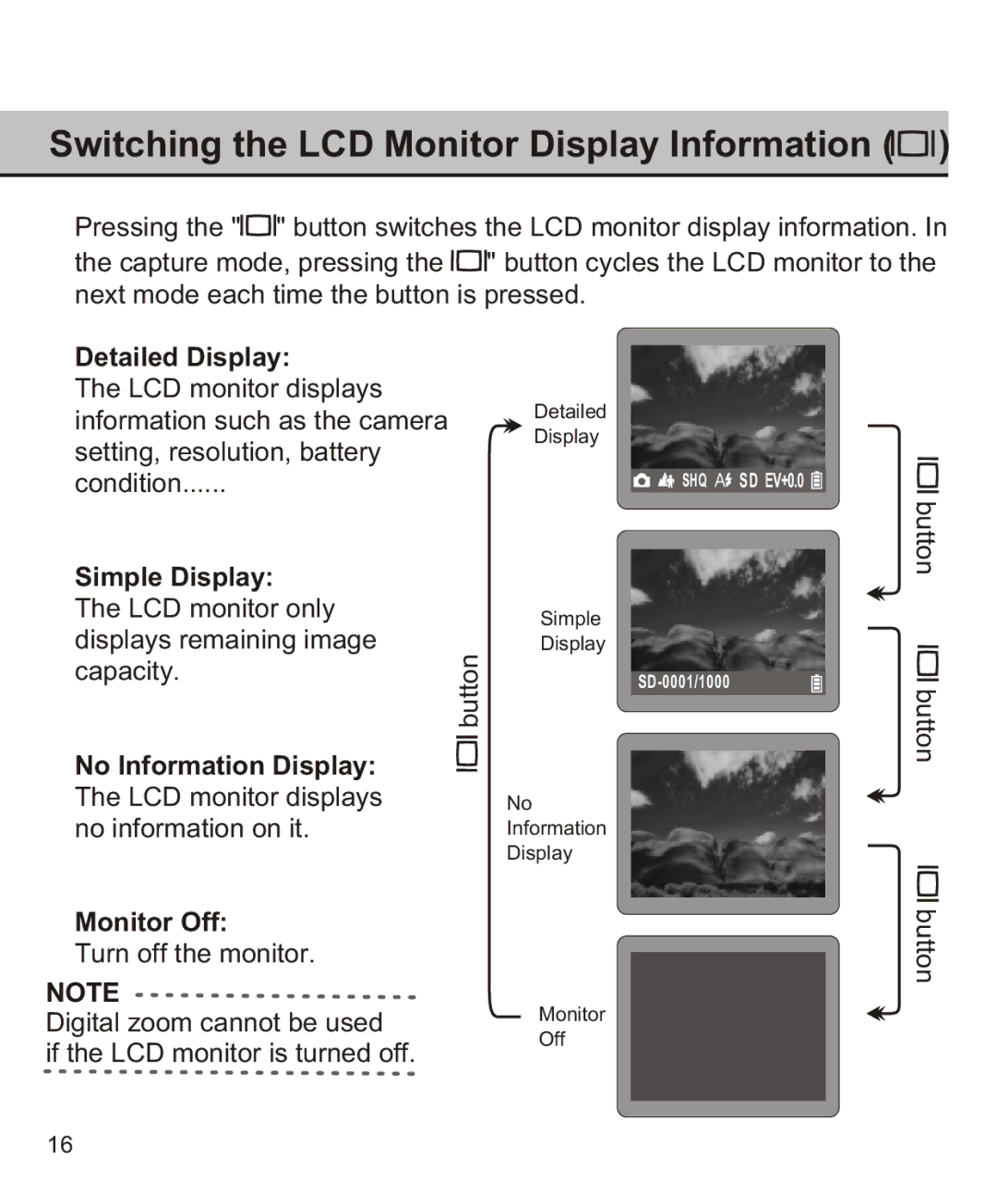 Largan EASY 200 manual Detailed Display, Simple Display, No Information Display, Monitor Off 