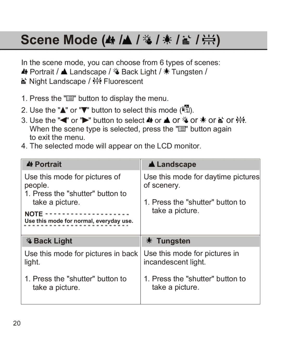 Largan EASY 200 manual Scene Mode, Portrait, Back Light Tungsten 