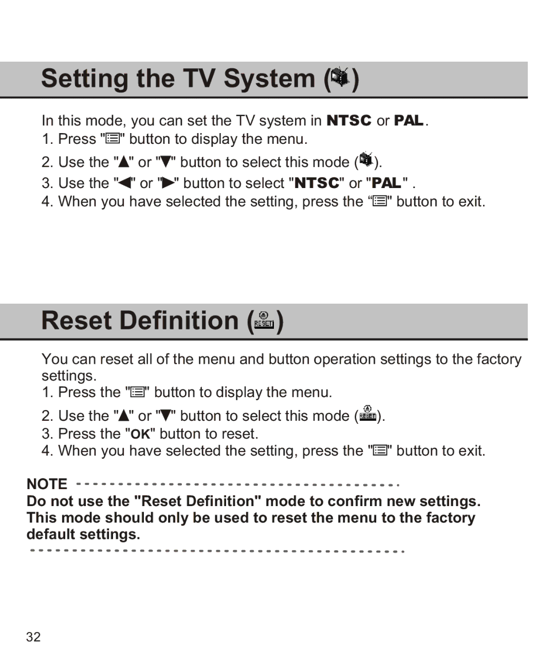 Largan EASY 200 manual Setting the TV System, Reset Definition 