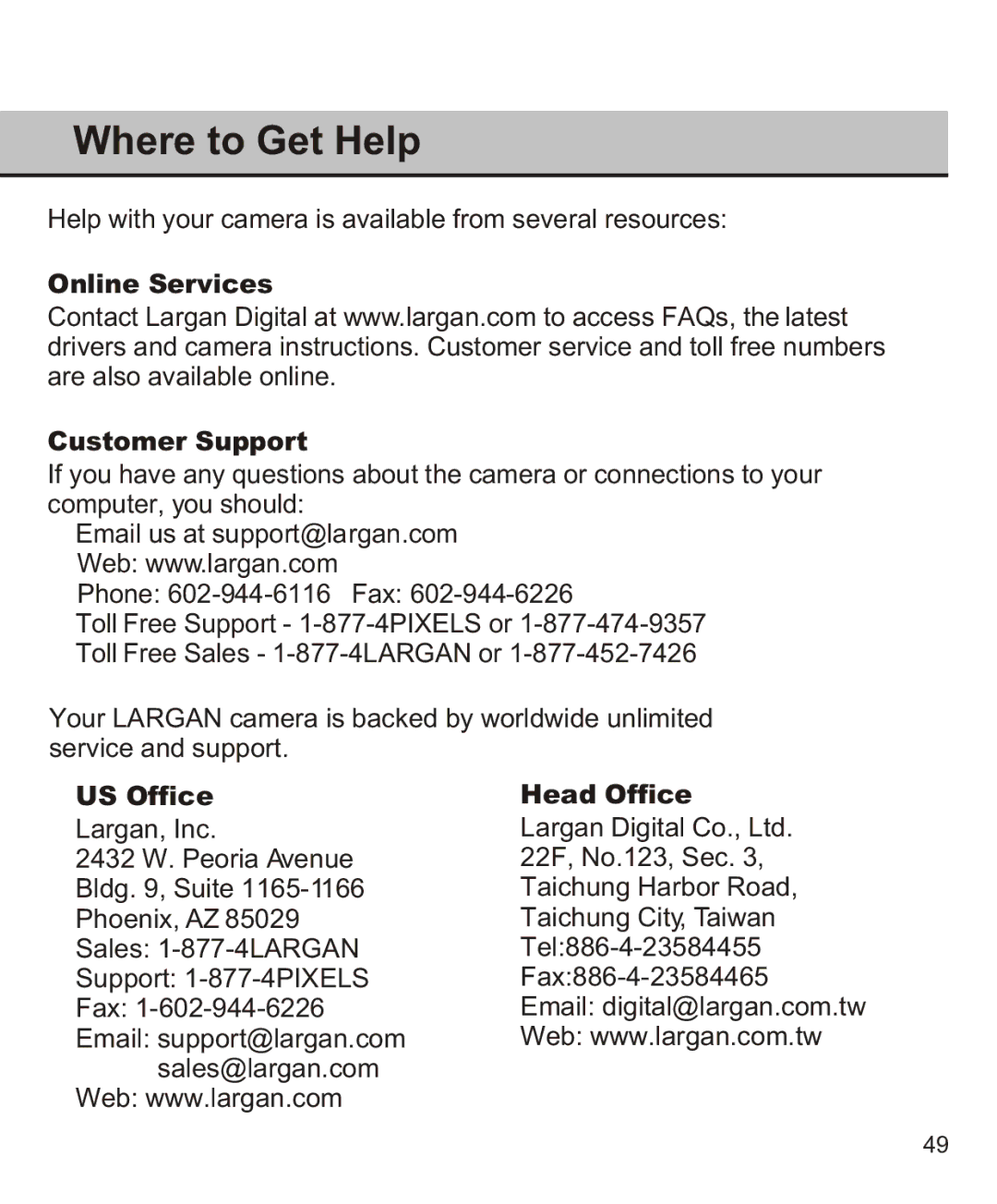 Largan EASY 200 manual Where to Get Help, Online Services Customer Support, US Office, Head Office 