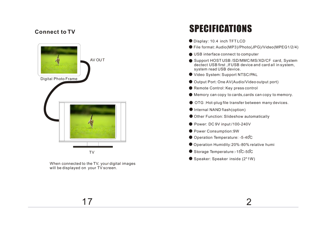 Laser AO-DPF10, AM104L2007032801 user manual Specifications 