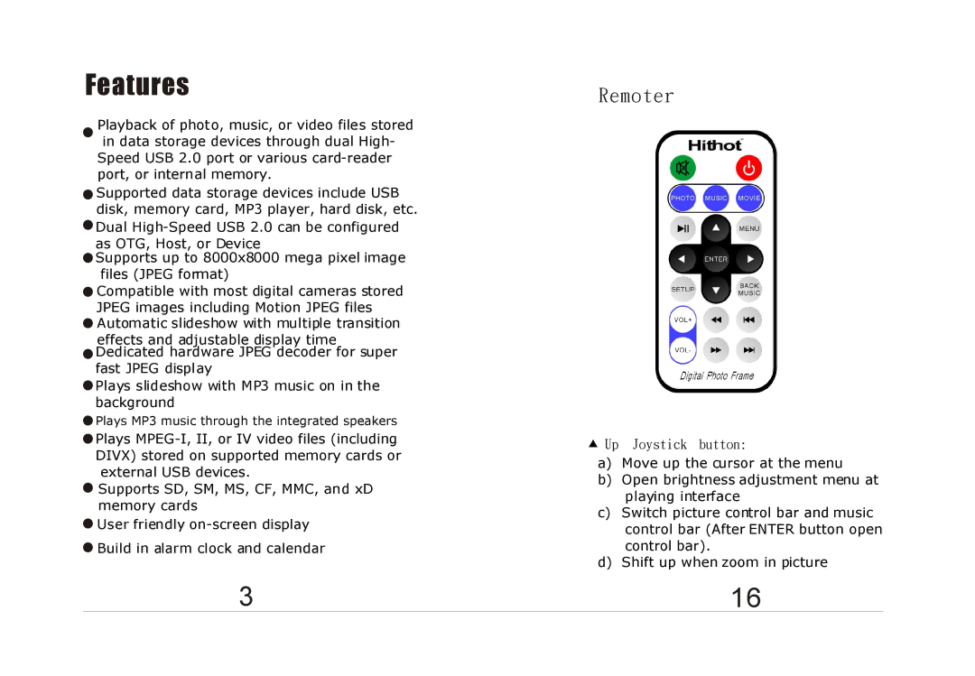 Laser AM104L2007032801, AO-DPF10 user manual Features 