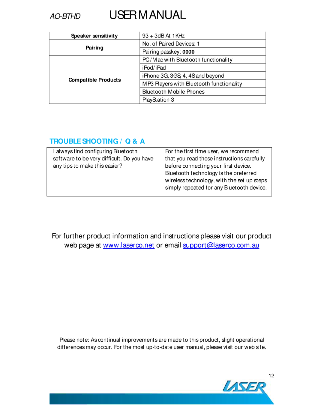 Laser AO-BTHD user manual Trouble Shooting / Q & a, Speaker sensitivity, Pairing, Compatible Products 