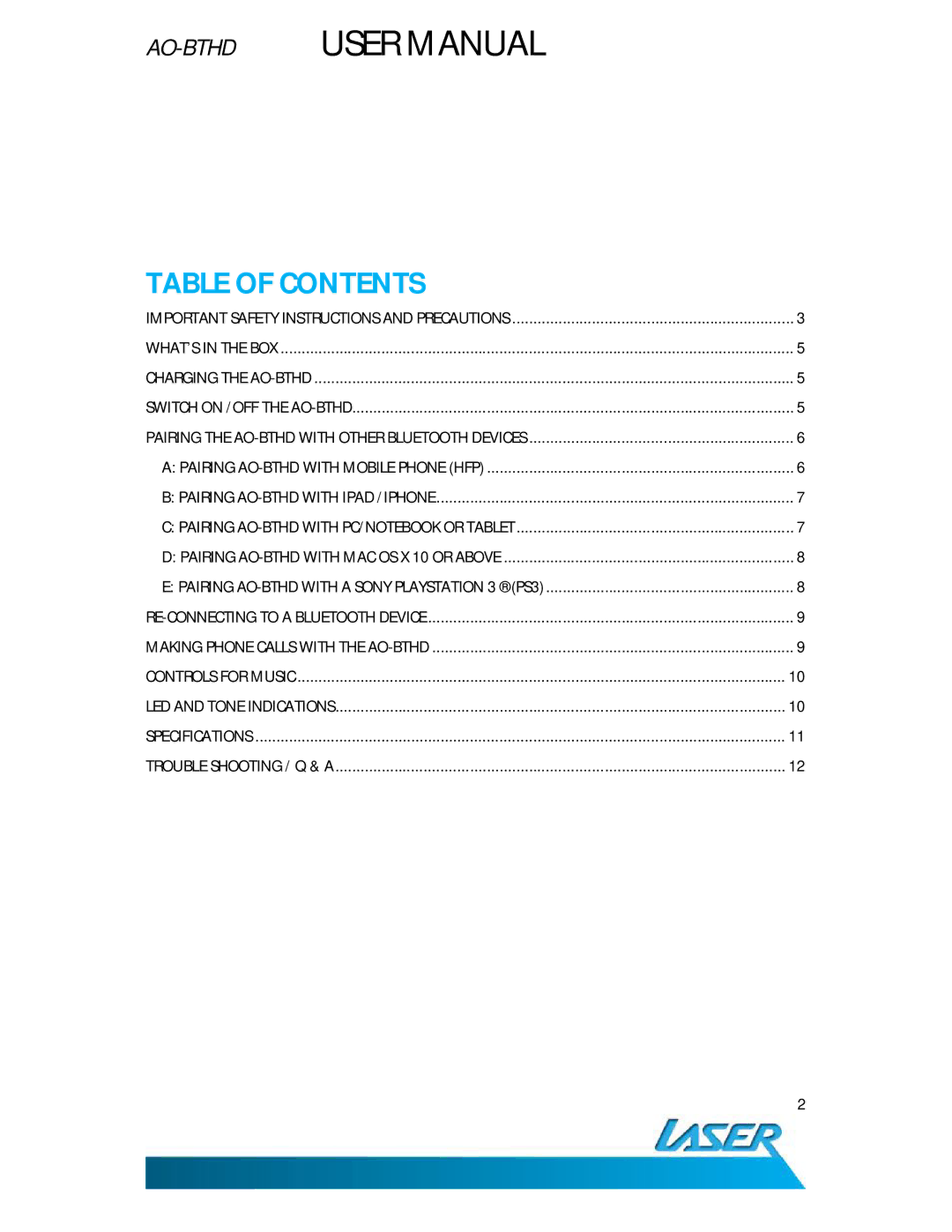 Laser AO-BTHD user manual Table of Contents 