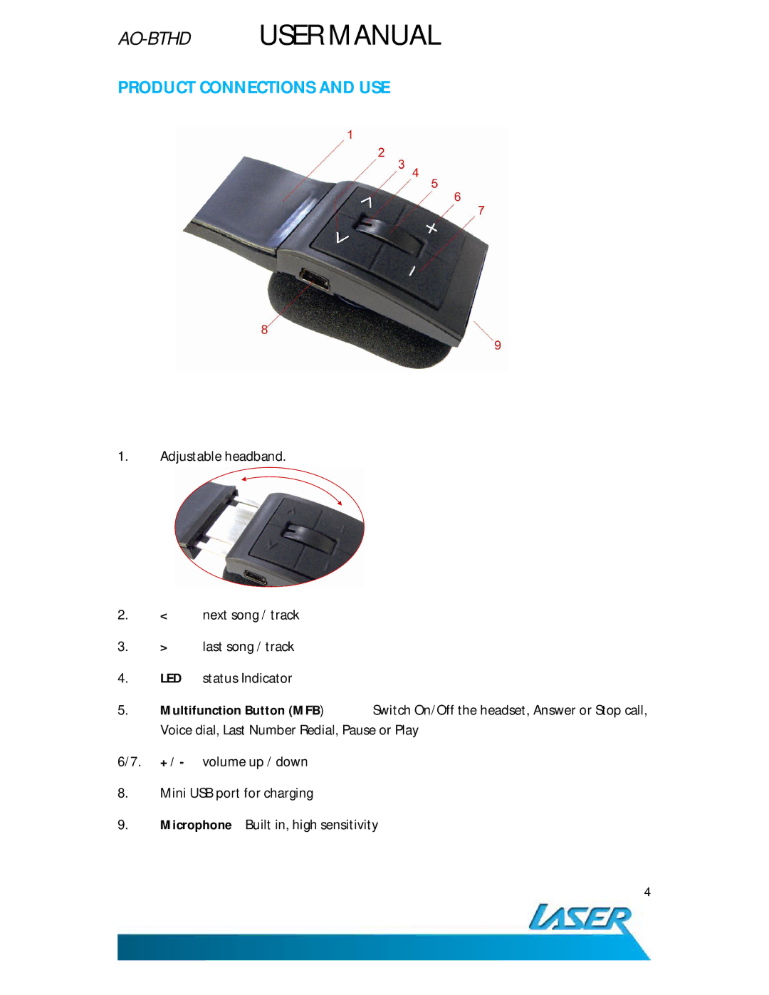 Laser AO-BTHD user manual Product Connections and USE, Multifunction Button MFB 