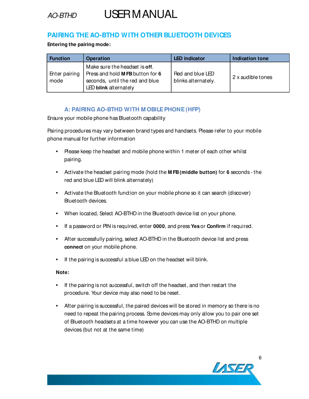 Laser user manual Pairing the AO-BTHD with Other Bluetooth Devices, Pairing AO-BTHD with Mobile Phone HFP 