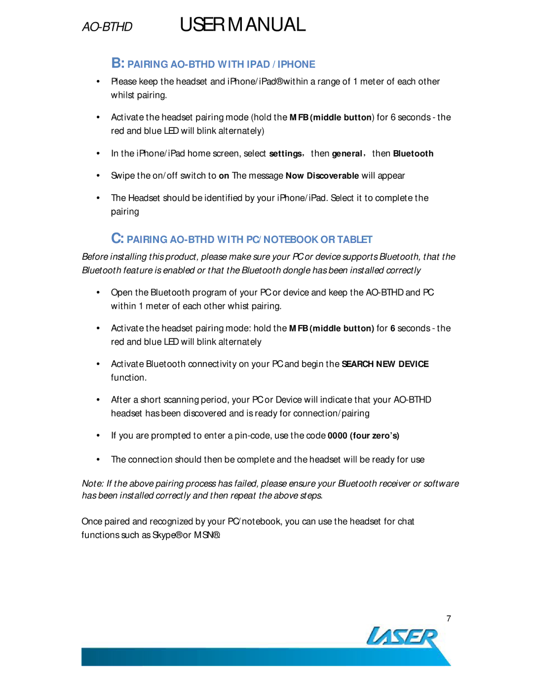 Laser user manual Pairing AO-BTHD with Ipad /IPHONE, Pairing AO-BTHD with PC/NOTEBOOK or Tablet 