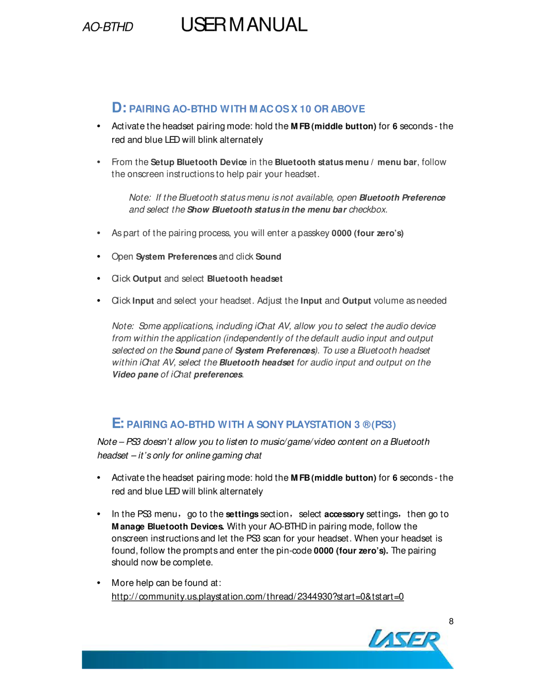 Laser user manual Pairing AO-BTHD with MAC OS X 10 or Above, Pairing AO-BTHD with a Sony Playstation 3 PS3 