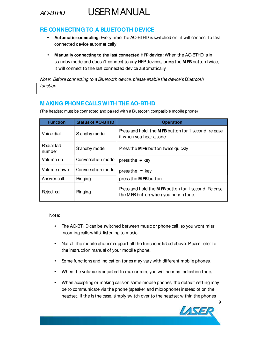 Laser RE-CONNECTING to a Bluetooth Device, Making Phone Calls with the AO-BTHD, Function Status of AO-BTHD Operation 