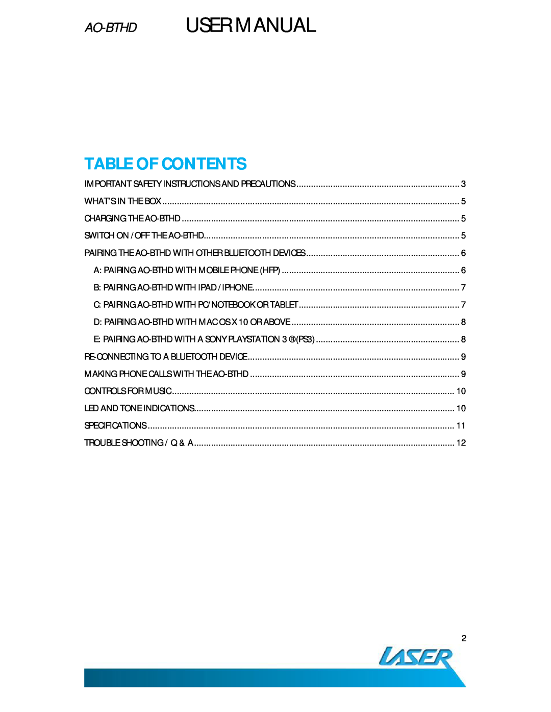 Laser AO-BTHD user manual Table Of Contents 