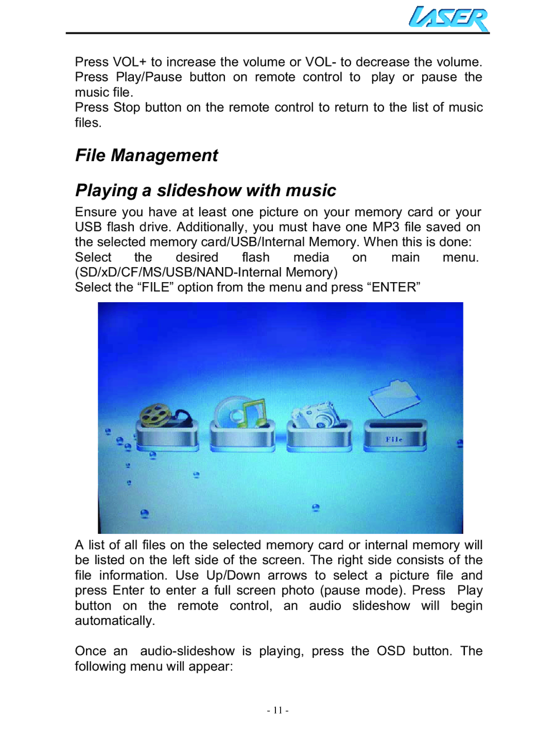 Laser AO-DPF10WD, AO-DPF15WD, AO-DPF12WD user manual File Management Playing a slideshow with music 