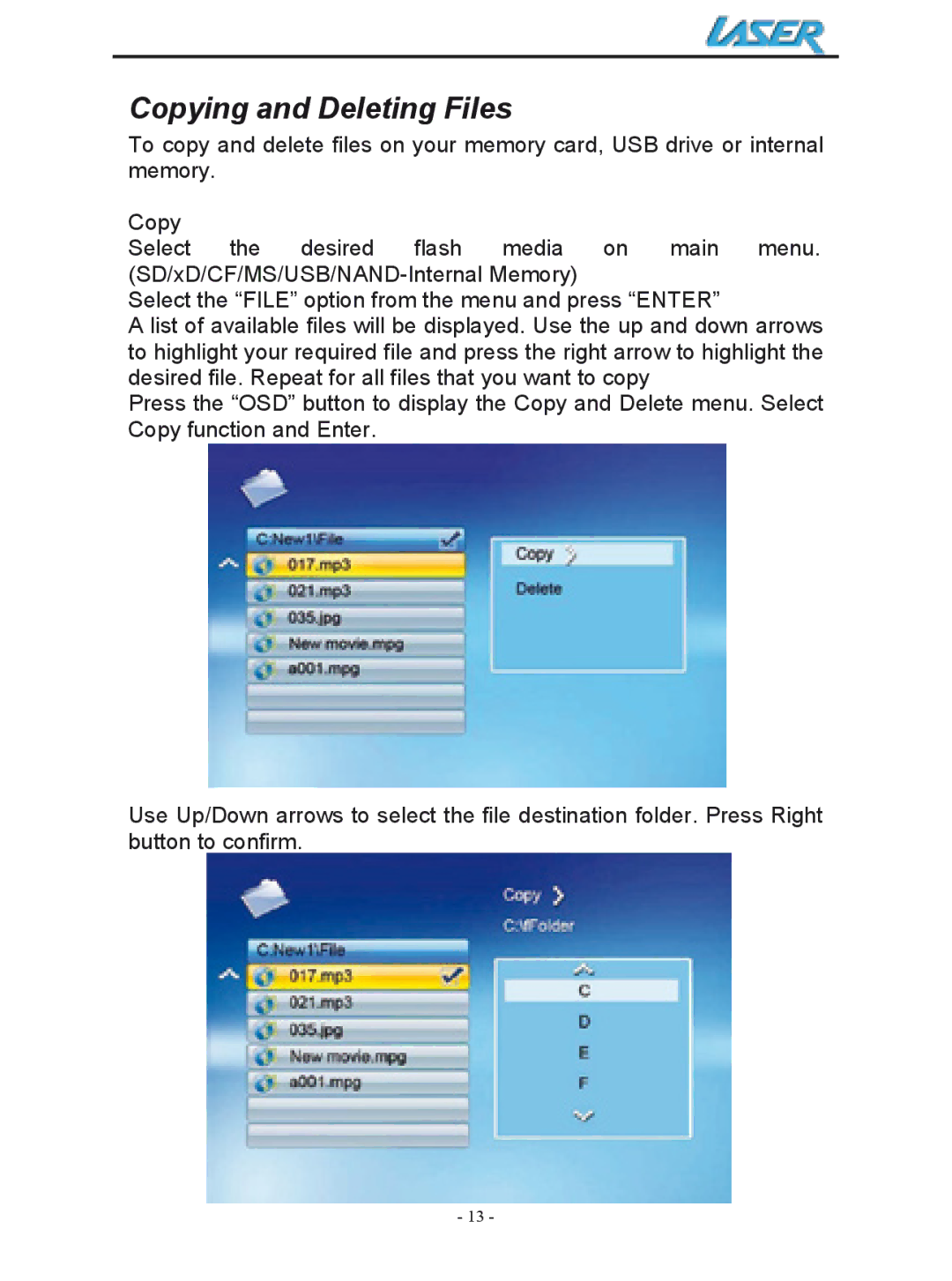 Laser AO-DPF12WD, AO-DPF15WD, AO-DPF10WD user manual Copying and Deleting Files 