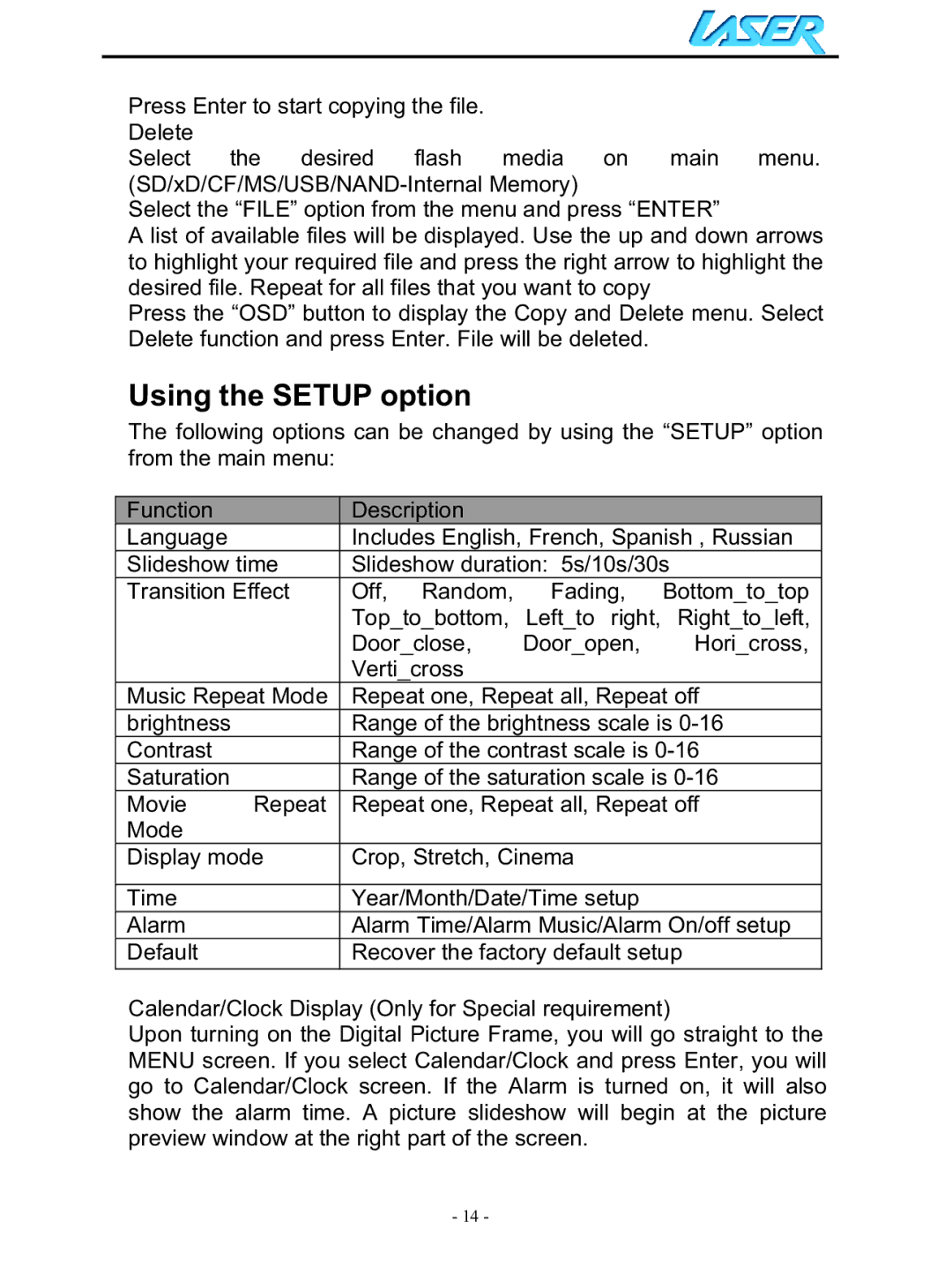 Laser AO-DPF10WD, AO-DPF15WD, AO-DPF12WD user manual Using the Setup option 