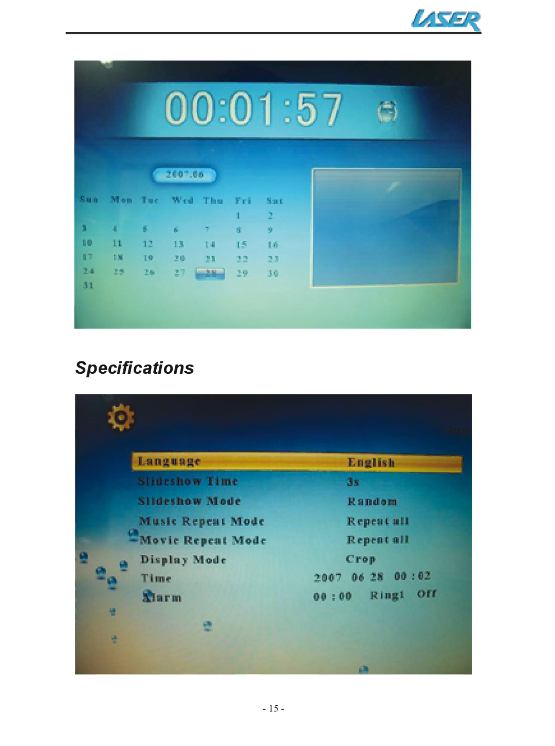 Laser AO-DPF15WD, AO-DPF12WD, AO-DPF10WD user manual Specifications 