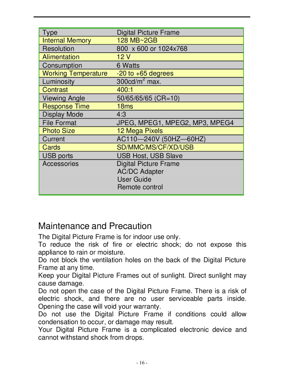 Laser AO-DPF12WD, AO-DPF15WD, AO-DPF10WD user manual Maintenance and Precaution, Sd/Mmc/Ms/Cf/Xd/Usb 