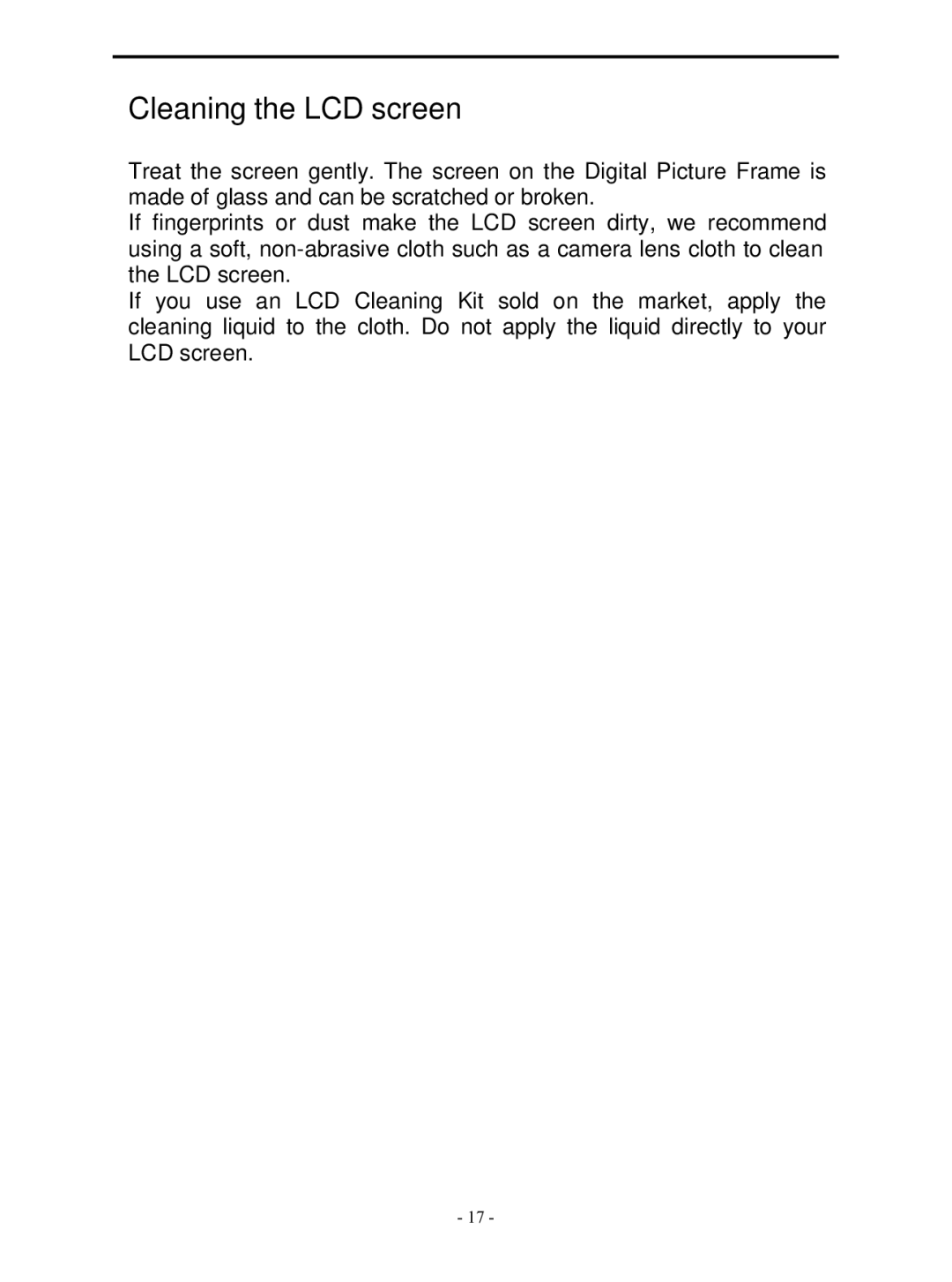 Laser AO-DPF10WD, AO-DPF15WD, AO-DPF12WD user manual Cleaning the LCD screen 