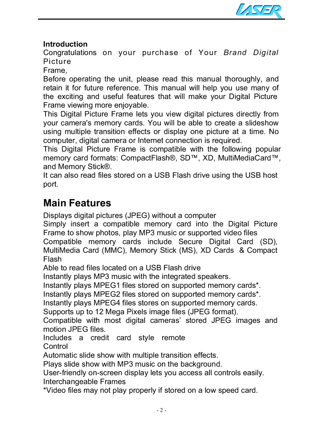 Laser AO-DPF10WD, AO-DPF15WD, AO-DPF12WD user manual Main Features, Introduction 