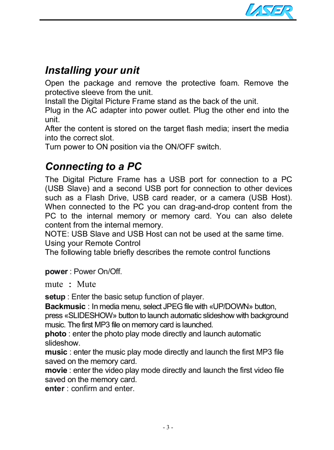 Laser AO-DPF15WD, AO-DPF12WD, AO-DPF10WD user manual Installing your unit, Connecting to a PC 