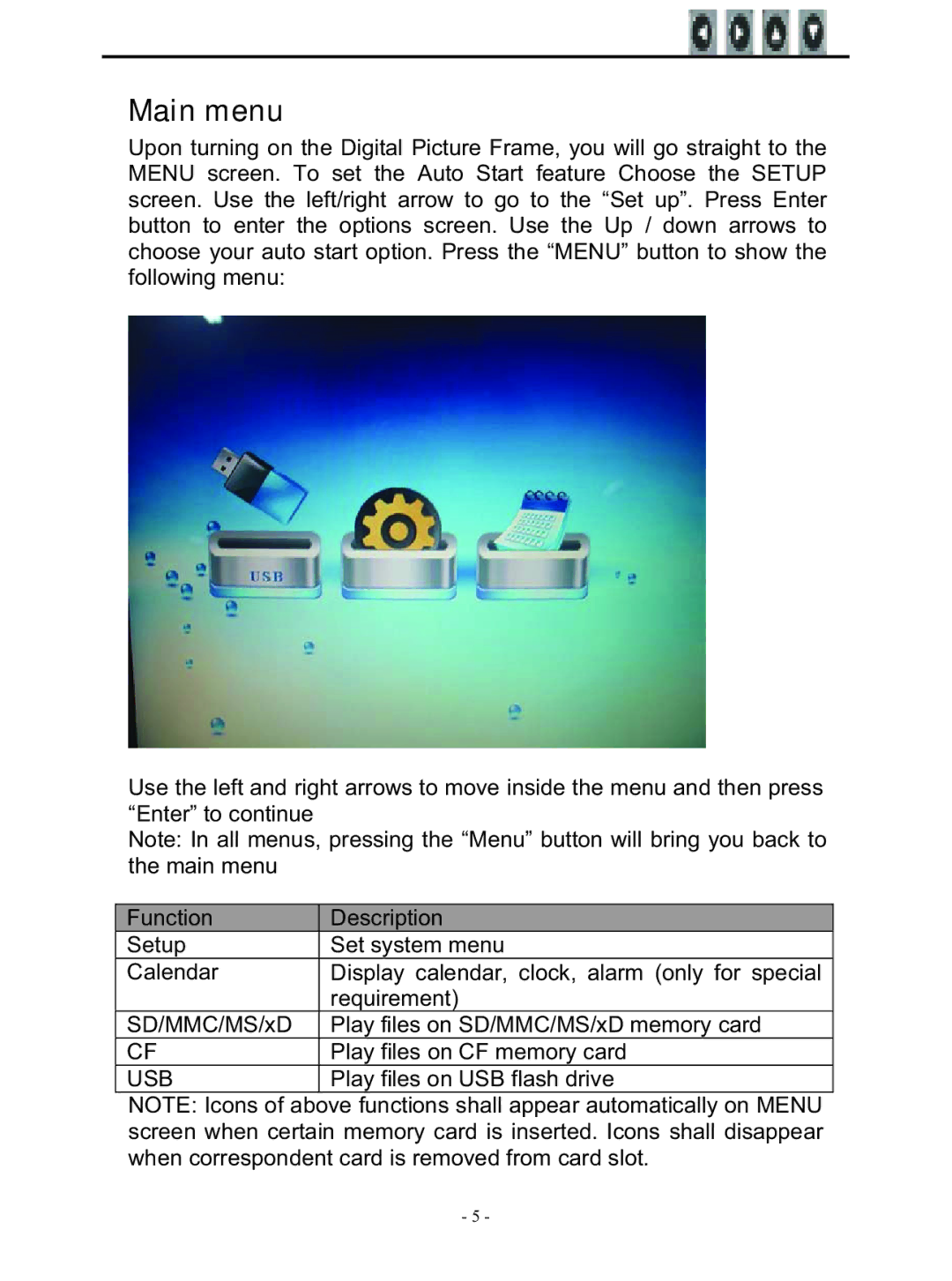 Laser AO-DPF10WD, AO-DPF15WD, AO-DPF12WD user manual Main menu 