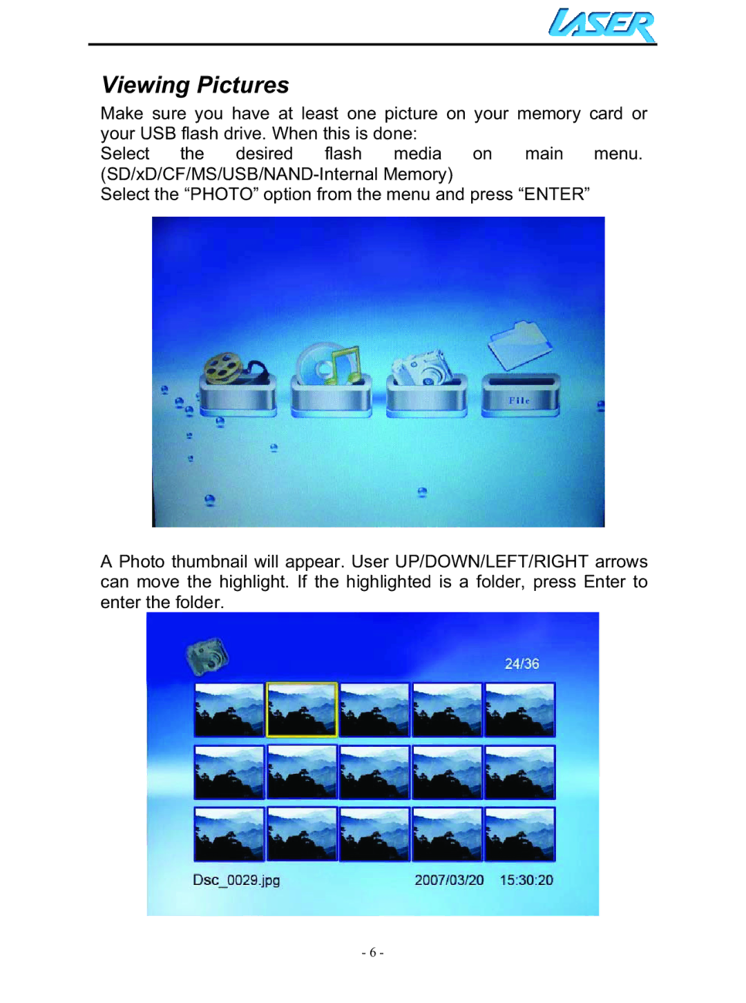 Laser AO-DPF15WD, AO-DPF12WD, AO-DPF10WD user manual Viewing Pictures 