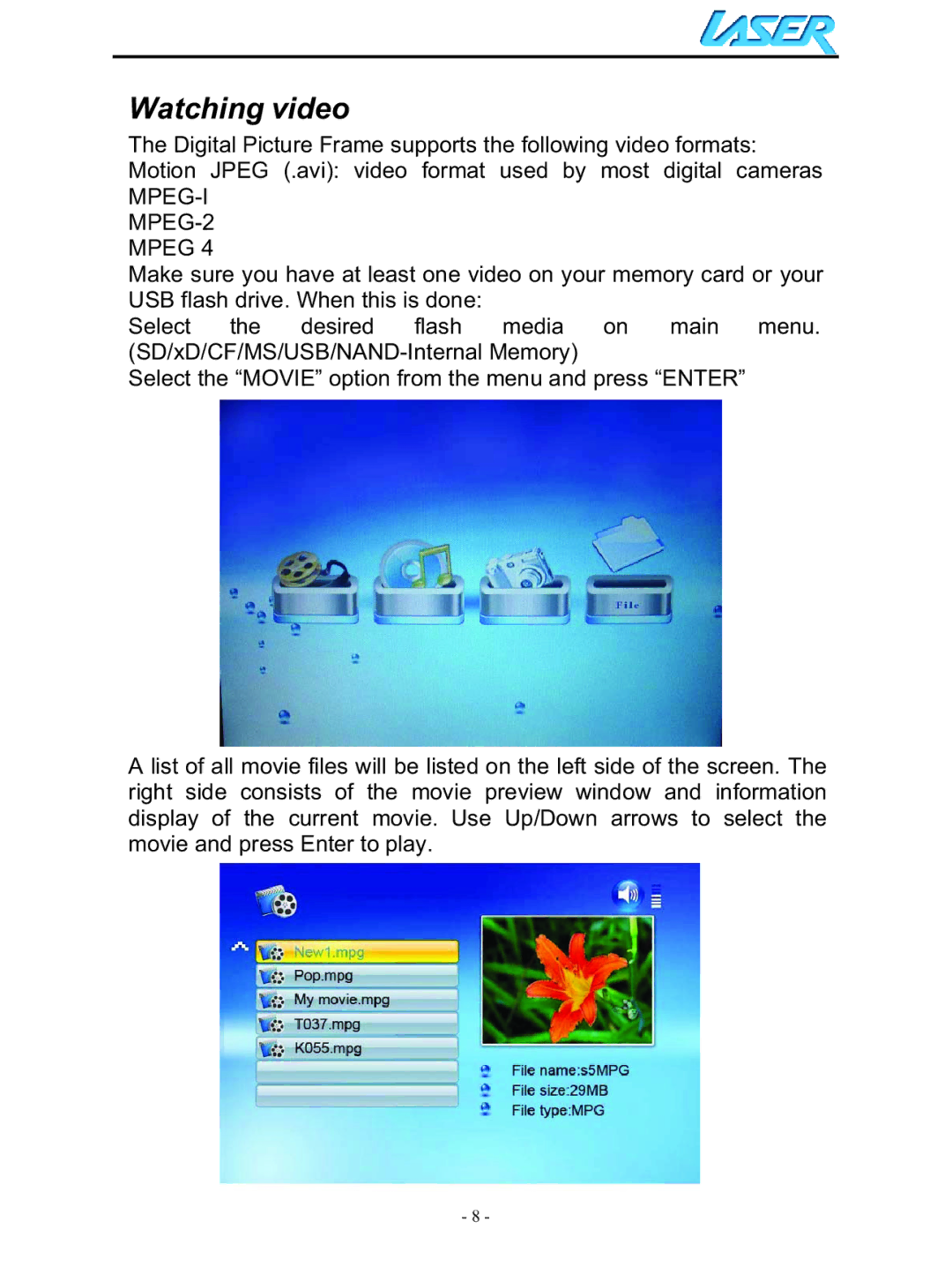 Laser AO-DPF10WD, AO-DPF15WD, AO-DPF12WD user manual Watching video, MPEG-I MPEG-2 Mpeg 