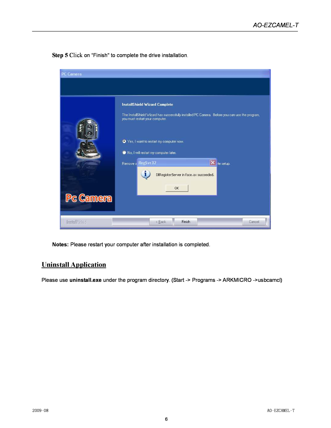Laser AO-EZCAMEL-T manual Uninstall Application, Ao-Ezcamel-T, Click on “Finish to complete the drive installation, 2009-08 