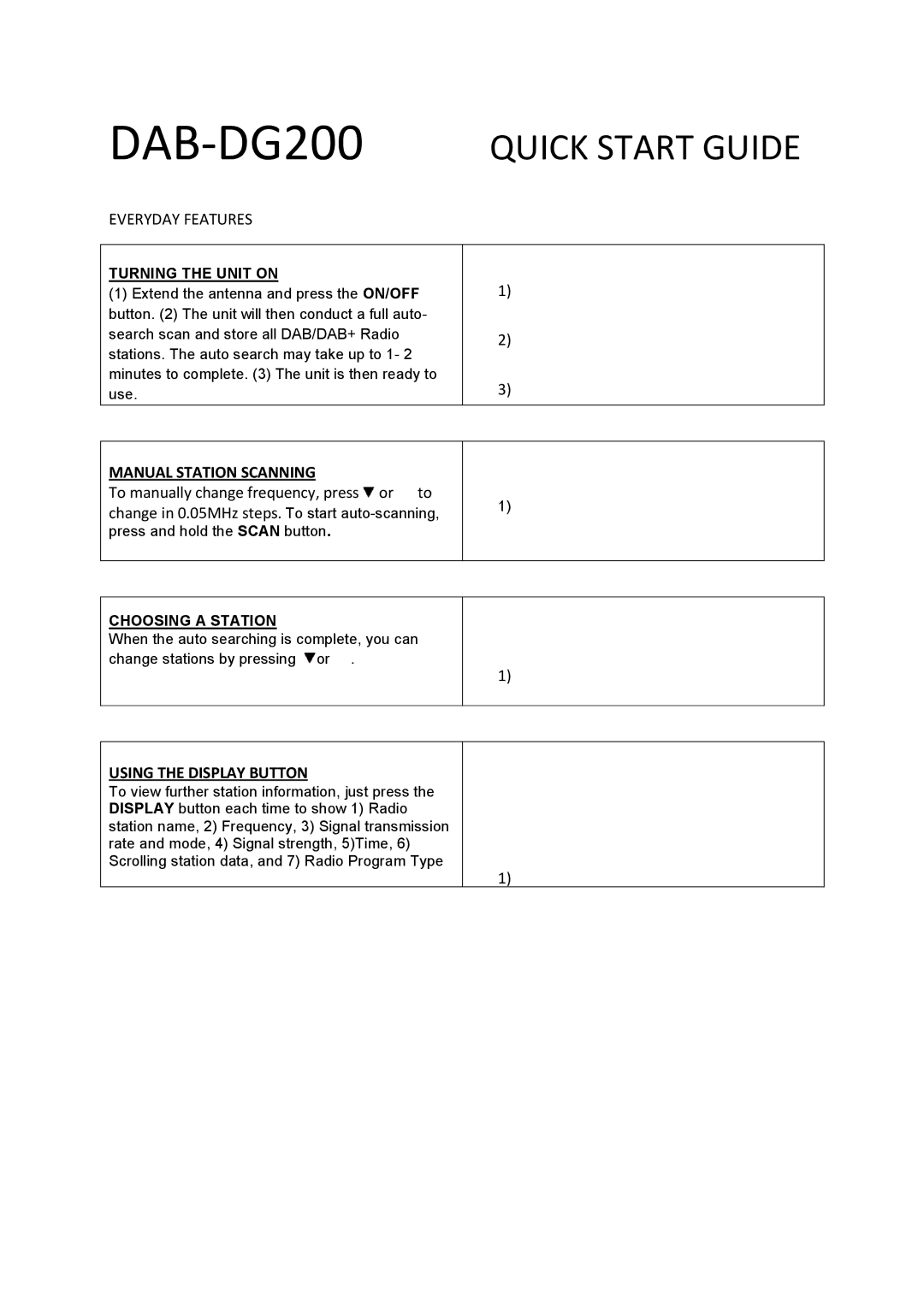Laser DAB-DG200 quick start Manual Station Scanning, Using the Display Button, Turning the Unit on, Choosing a Station 