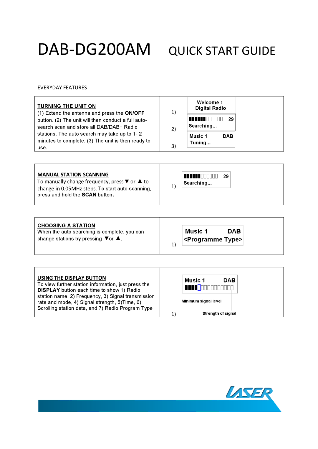 Laser DAB-DG200AM quick start Manual Station Scanning, Using the Display Button, Turning the Unit on, Choosing a Station 