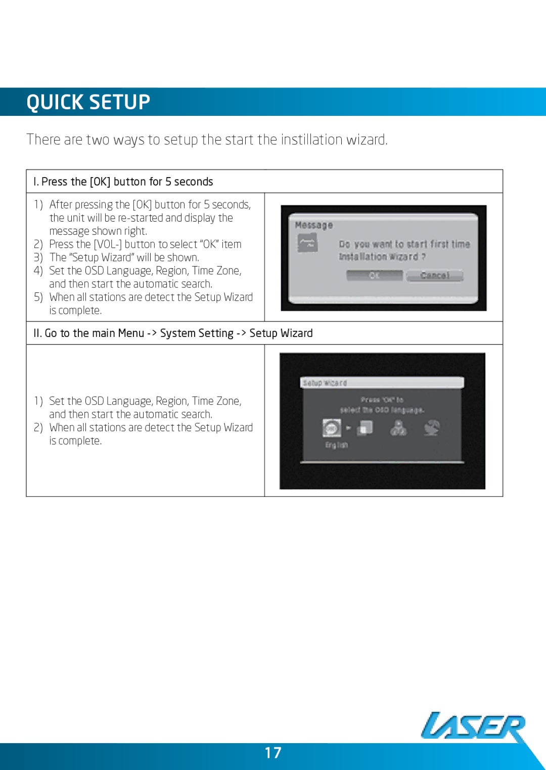 Laser DVBT-C30 user manual Quick Setup 