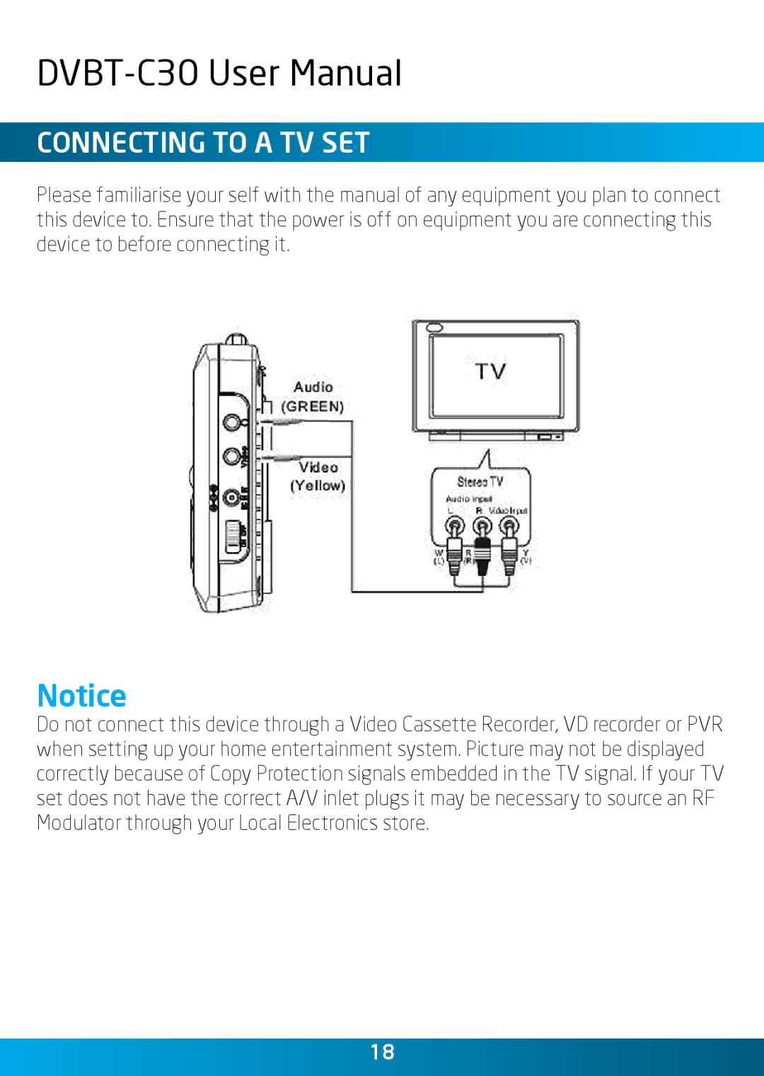 Laser DVBT-C30 user manual Connecting to a TV set 