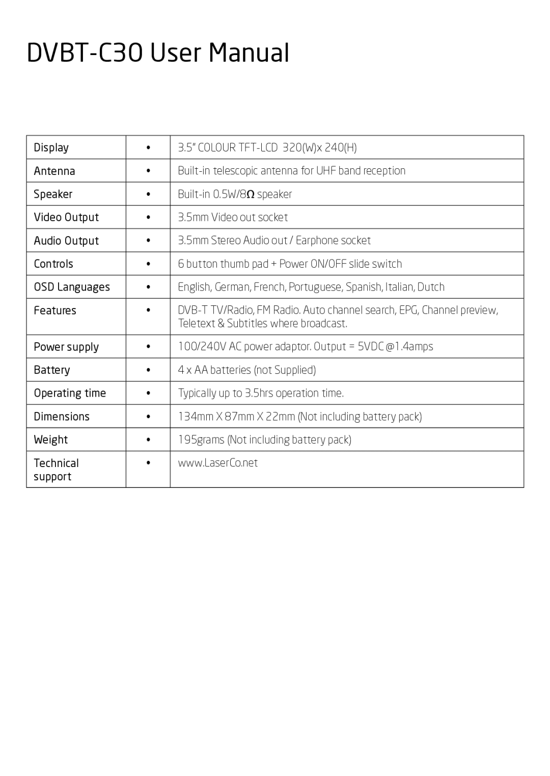 Laser DVBT-C30 user manual Specifications 