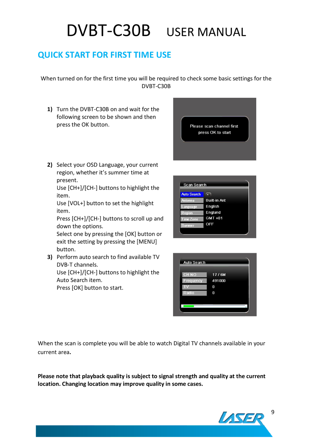 Laser DVBT-C30B user manual Quick Start for First Time USE 