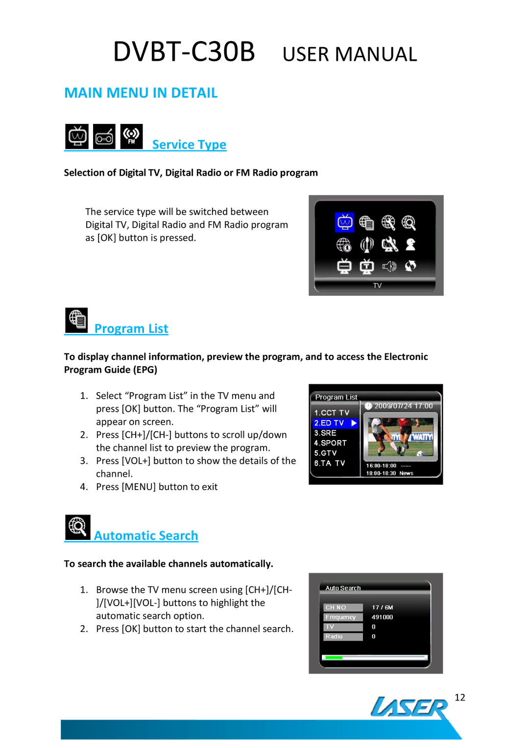 Laser DVBT-C30B user manual Main Menu in Detail, Service Type, Program List, Automatic Search 