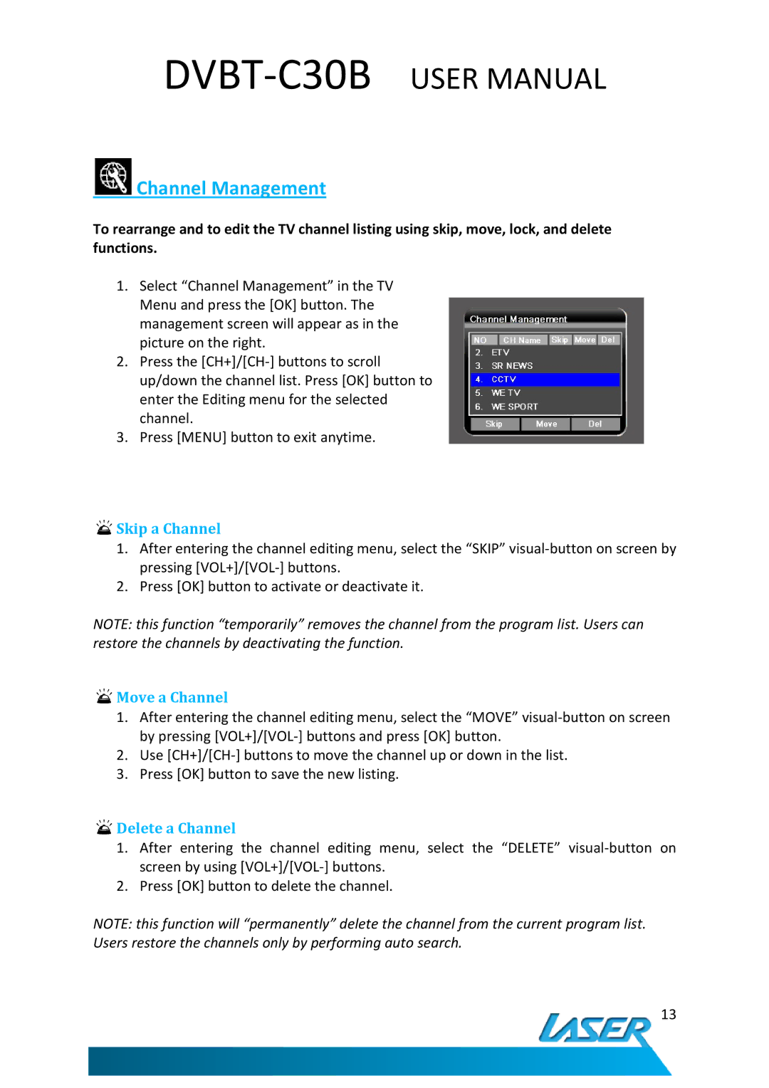 Laser DVBT-C30B user manual Channel Management, Skip a Channel 