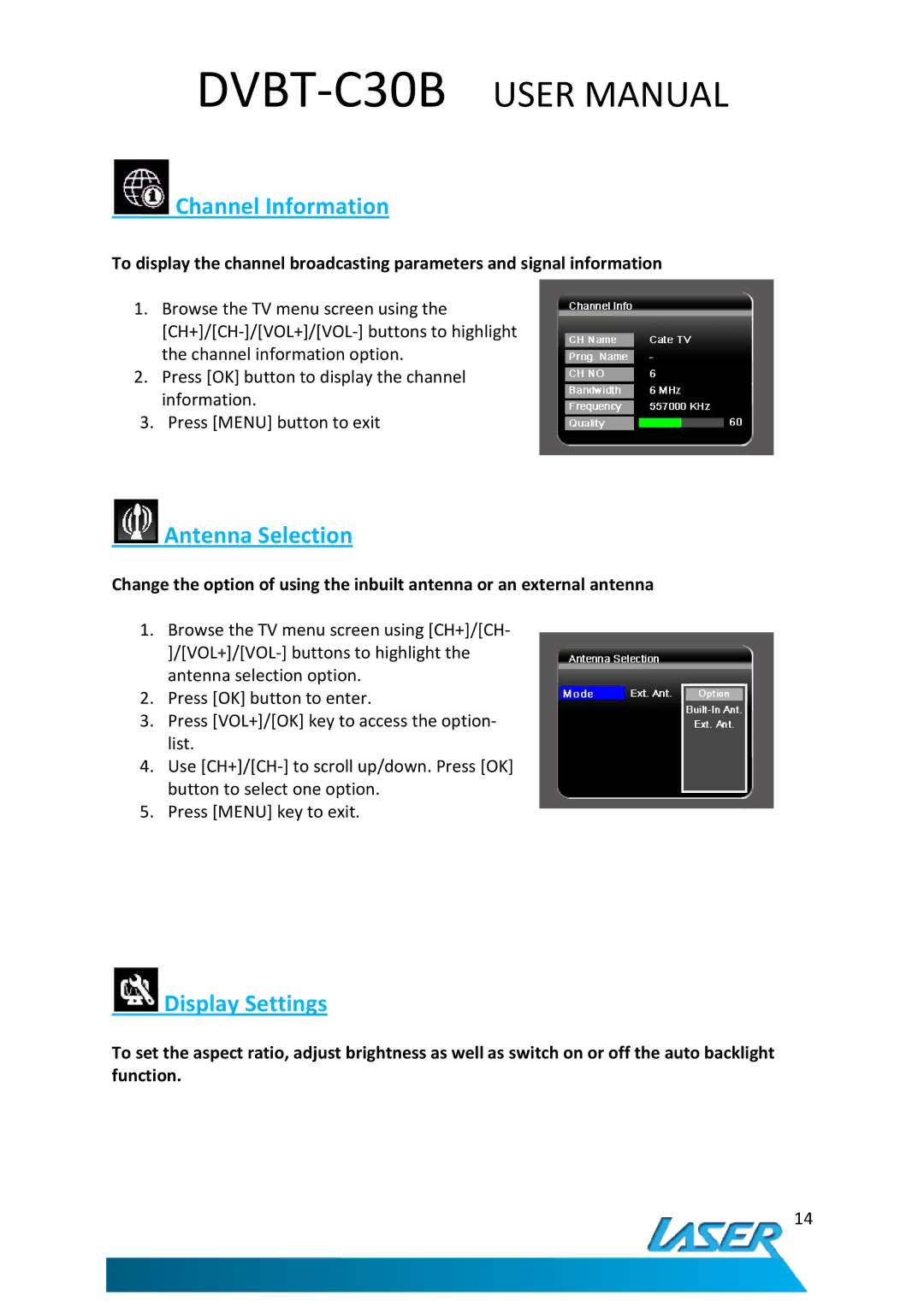 Laser DVBT-C30B user manual Channel Information, Antenna Selection, Display Settings 